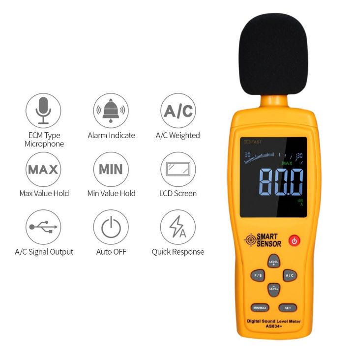 SMART SENSOR AS834+ Digital Sound Level Meter Digital Noisemeter LCD ...