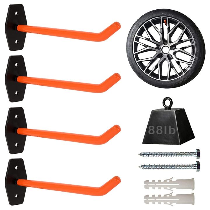 Image showcasing 4 PCS Garage Hooks Heavy Duty Wall Mount,Tire Storage System with Anti-Slip Coating,Hang Heavy ...
