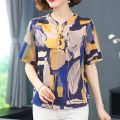 bellylady Women Cotton Summer Stand Collar Blouse Retro Printing Short Sleeves Shirt Plus Size Loose Casual Tops. 