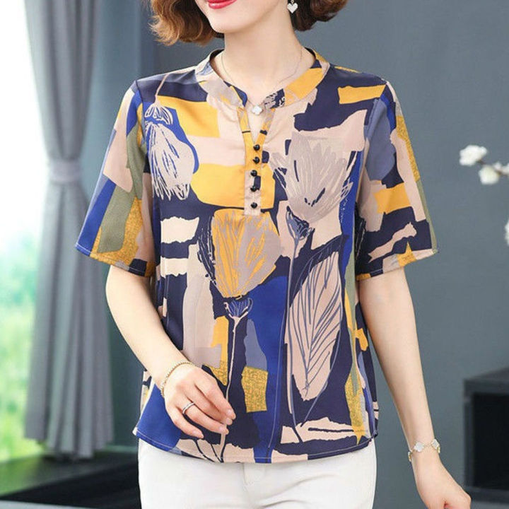 bellylady%20Women%20Cotton%20Summer%20Stand%20Collar%20Blouse%20Retro%20Printing%20Short%20Sleeves%20Shirt%20Plus%20Size%20Loose%20Casual%20Tops%20-%20Image%204