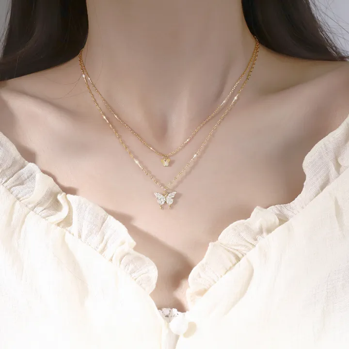 Elegant Plated Chain Butterfly Necklace -Multi-Layer Link -Charm Pendant Clavicle Choker Necklace for Women Statement Jewelry