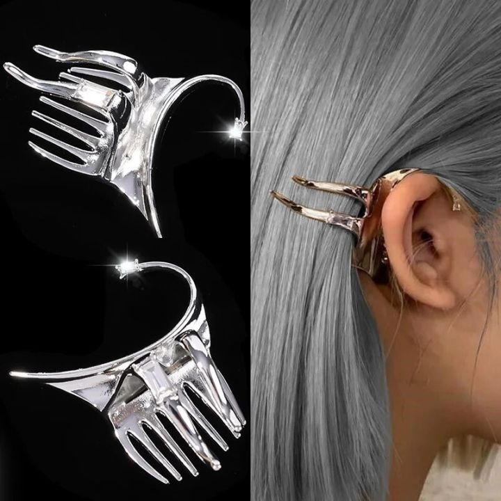【HOT】 Trendy Hair Hold Ear Cuff Fairy Zircon Hoop Earrings Korean Sliver Elf Ears Clips For Women Single Side Y2k Punk Party Jewelry