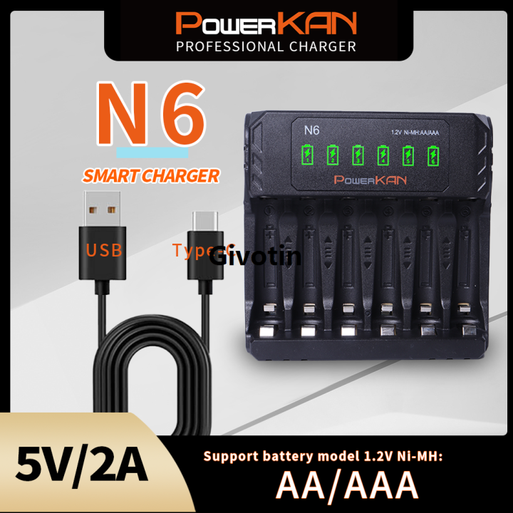 POWERKAN N6 Battery charger for 1.2V Ni-MH AA AAA No.5 No.7 batteries charge 1~6 batteries at the same time, type C 2A