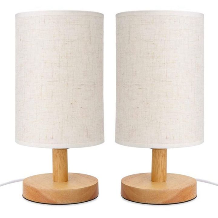 2X DC5V Round Bedside Table Lamp Nightstand Lamp with Fabric Shade and Solid Wood for Bedroom, Living Room Modern Office