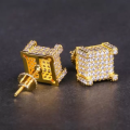JINAO 18K Gold New Fashion Iced Out Bling Stud Earrings Gold Color Micro Pave Cubic Zircon Square Stud Earring3D CZ Earrings Hip Hop Jewelry. 