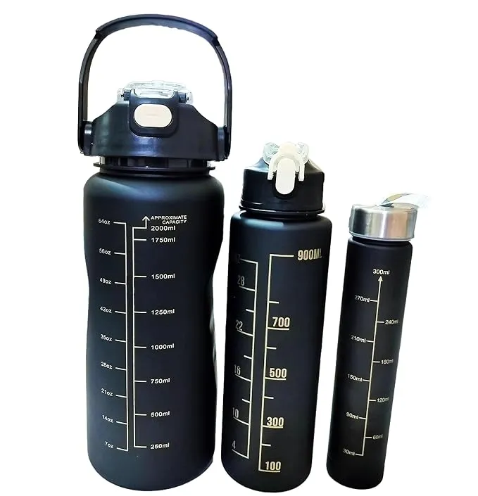 Motivational Water Bottle Black Colour Set ๐จ๐ 3 pcs (2 Liter, 900 ML ...