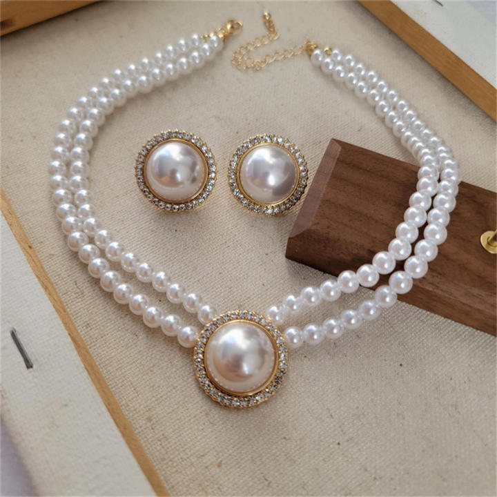 Banquet Accessories Elegant Clavicle Chain Medieval Pearl Necklace Medieval Vintage Pearl Choker Necklace White Pearl Earrings