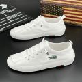 European Station Summer Ice Silk Cloth Shoes Men's Board Shoes Breathable White Shoes Korean Style Trendy All-Match Crocodile Embroidered Canvas Shoes. 