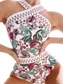 Women Knit Bodysuits Bathing Suit Vintage Floral Print Cross Sleeveless Backless Swimsuits Summer Swimwear Bikini. 