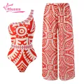 Muses Mall Women One-shoulder Swimsuit Ethnic Print One Shoulder Monokini Pants Set for Women 2 Pcs/set Swimwear Sun Protection Swimsuit. 