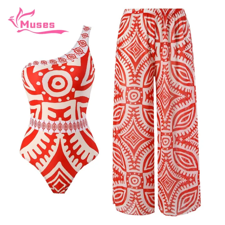 Muses Mall Women One-shoulder Swimsuit Ethnic Print One Shoulder Monokini Pants Set for Women 2 Pcs/set Swimwear Sun Protection Swimsuit