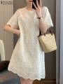 ZANZEA Women’s Mini Sundress, Vintage Lace Embroidered White Dress, Summer Holiday, Short Sleeve. 