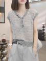 Summer Thin Hollow V-Neck Knitted Sleeveless Women's Design Sense Niche Knitted T-Shirt Women's 2025 New Top. 