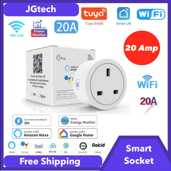 Smart WiFi 20A UK Smart Plug Smart Socket Smart Life/TUYA works with Home Google Home Alexa and Remote Voice Group App Control Timing