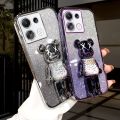 Infinix Note 40 4G / Note 40 Pro 4G 5G / Note 40 Pro Plus 5G Back Cover with 3D Cartoon Cute Bear Stand Holder Luxury 6D Plating Shiny Glitter Stylish Girls Phone Case Clear Soft Silicone Protective Cases Pouch. 