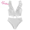 Muses Mall Lace-up Back Swimwear Set Stylish 2pcs Women's Bikini Set with Ruffle Stitching High Waist Swimming Trunks Quick Dry Swimsuit for Summer Beachwear Women High-waisted Bikini Set. 