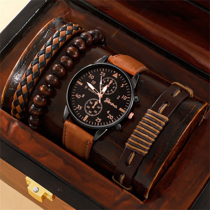 New Men Watch With 3 PCS Luxury Bracelet Set Fashion Business Brown Leather Quartz Wrist Watches for Men Gift Set Daraz.lk