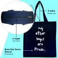 Heavy Duty Blue Large Canvas Tote Bag with Zipper "PRADA ALTERNATIVE" - 14.5 (L) * 3 (W) * 16 (H) inches (Holds up to 15kg). 