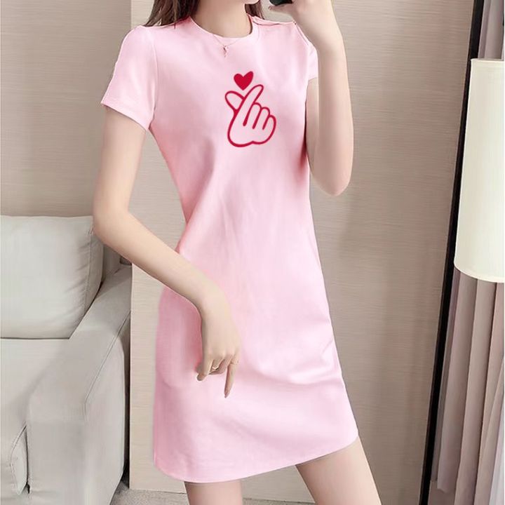 Pure Cotton T T-shirt Dress Women's Large Size Korean Style Summer New Loose Slimming Versatile Printed Short Sleeve Midi Dress