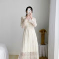 Yfashion French Style Lace Dress For Women Cotton Elegant Long Sleeves V Neck A-line Skirt Solid Color Mid-length Dress. 