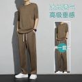 Ice Silk Sports Suit Men's Summer Thin Short-Sleeved T Shirt Quick-Drying Casual Long Pants Wear Half Sleeve Clothes Sets. 