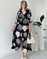 Neetu Collection Women's 3/4 Sleeves Rayon Fabric V Neck Front Slit Flower Printed Midi Dress for Wedding Party & Festive - Pink. 