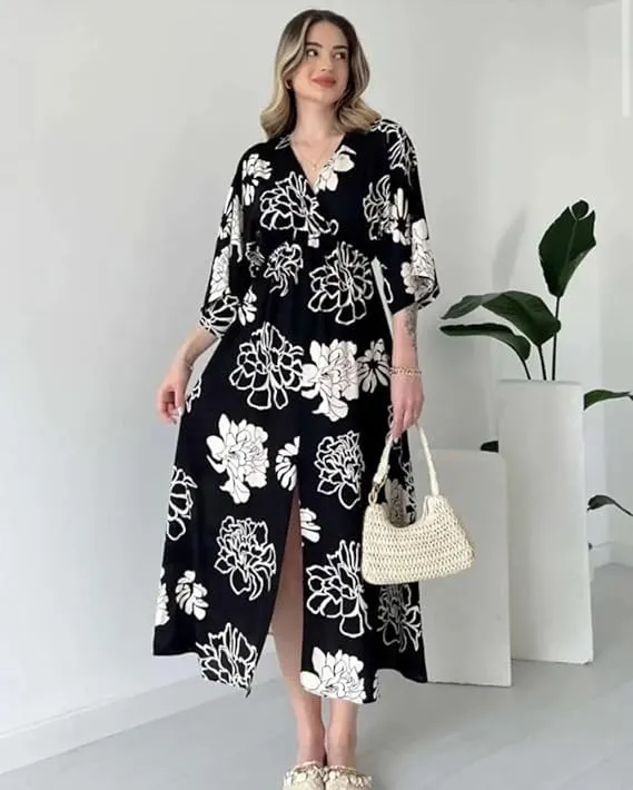 Neetu%20Collection%20Women's%203/4%20Sleeves%20Rayon%20Fabric%20V%20Neck%20Front%20Slit%20Flower%20Printed%20Midi%20Dress%20for%20Wedding%20Party%20&%20Festive%20-%20Pink%20-%20Image%206