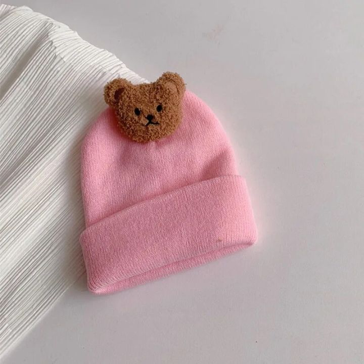 【NEW】 Korean Baby Autumn Winter Hat Cute Bear Knitted Warm Newborn Cap Infant Beanie Solid Color Baby Girl Boy Soft Crochet Hats