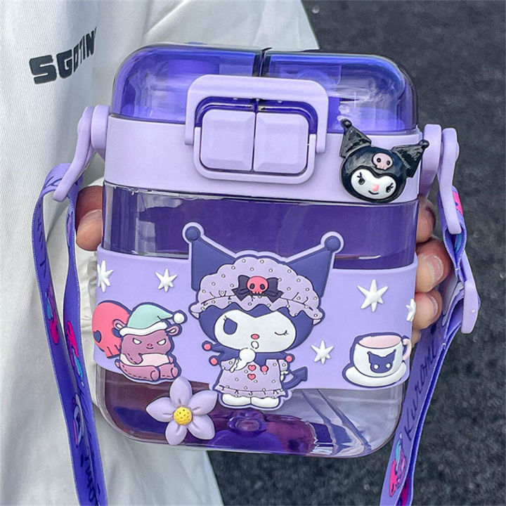 【ZOSR】Sanrios Cinnamoroll Kuromi Square Water Bottle My Melody Cartoon Cute Double Drinking Straw Cup Kawaii Water Cup for Kids 600ml