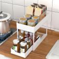 Double Layer Spice Rack Storage Rack Pull-out 4 Hooks Sliding Drawer Cabinet Basket Organizer Kitchen Shelf Seasoning Holder. 