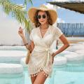 Swim Cover Up Lace White Beach Dress V-neck Long Cover up Woman Swimwear Bikini Tunic Long Pareos Robe Beachwear Outfit. 