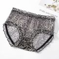 Leopard Print Mid Waist plus Size Underwear Women's Mesh Summer Ultra-Thin FatMMComfortable Breathable High Elastic Panties. 