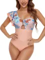 Women One-piece Bikini Swimsuit Floral Print One Shoulder Ruffled Sleeveless Backless Bodysuit Beachwear. 