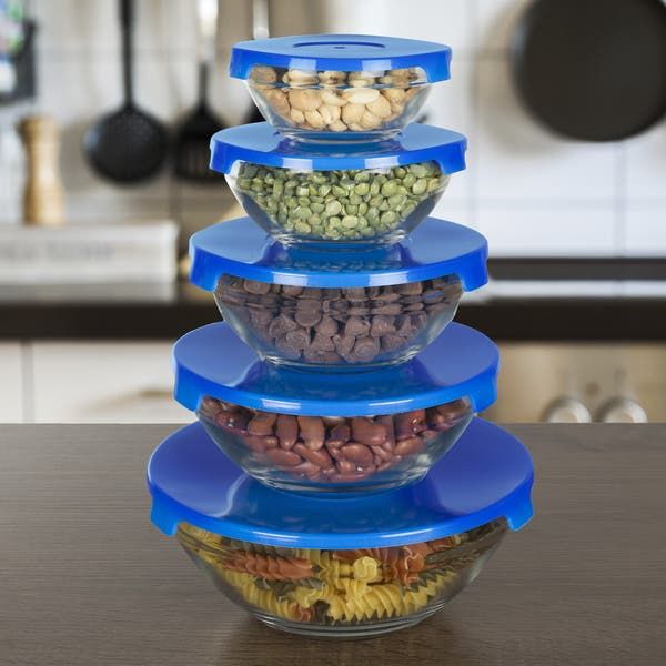 Blue Glass Bowl Sets with Lids 5 Pcs Microwave Glass bowl Set Kitchen Glass Ware set Spice Organizers