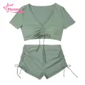 Muses Mall V-neck Swimsuit 2pcs Women's Summer Bikini Set V-neck Short S ve Tops High Waist Drawstring Swimming Trunks Quick Dry Swimsuit Solid Color. 