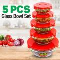 Glass Bowls Set With Lids - 5 Pcs Glass Mixing & Serving Bowl Set Elegant 5-Piece Glass Bowl Set | Red Airtight Plastic Lids | Microwave & Dishwasher Safe. 