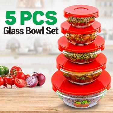 Glass Bowls Set With Lids - 5 Pcs Glass Mixing & Serving Bowl Set Elegant 5-Piece Glass Bowl Set | Red Airtight Plastic Lids | Microwave & Dishwasher Safe