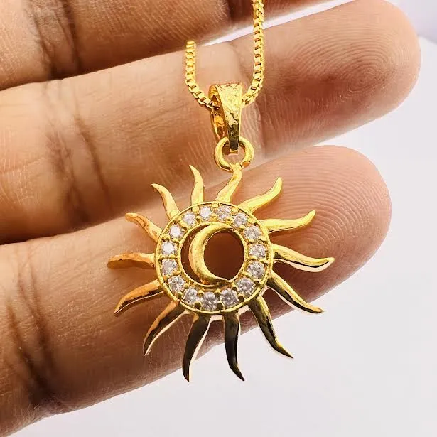 Gold%20Plated%20Guaranteed%2001MM%20New%20Trend%20Stylish%20Box%20Chain%2018%20Inch%20Short%20Beautiful%20Design%20With%20New%20Sun%20Theme%20Fixed%20Stone%20Pendant%20-%20Image%208