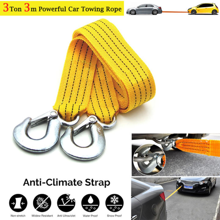 3Ton 3m Length Powerful Car Towing Rope Auto Tow Cable Strap Bind Pull Rope with Hooks Towing Ropes Suitable for Car Motorcycle Vehicle
