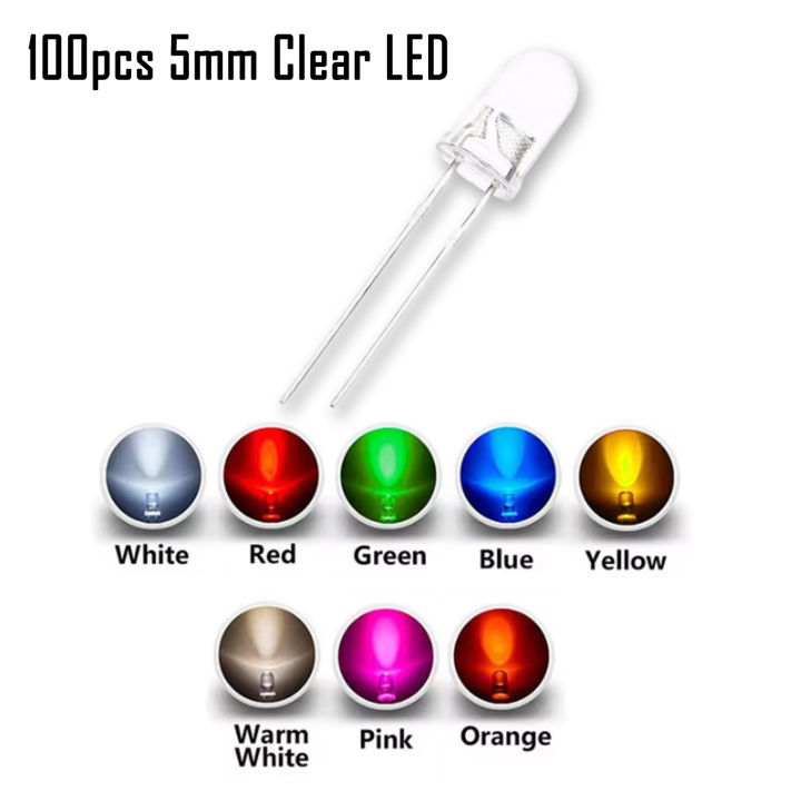 100pcs 5mm LED Red Green Blue Yellow Orange White Pink Warm White Clear Glass Light Emitting Diode