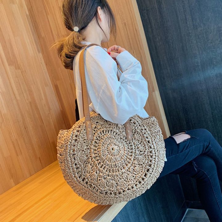 Round Straw Beach Bag for Women 2023 Vintage Large Woven Shoulder