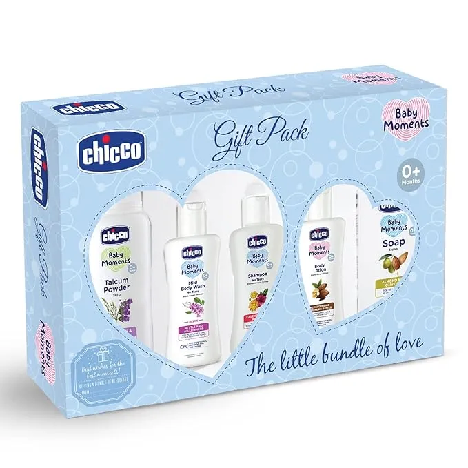 Chicco Baby Moments Baby Essentials Gift Pack (Blue) with 5 Baby Skin & Haircare Products | Baby Care Gift Set for Newborn (0-5) years