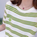 2024 Niche Contrast Color Striped Short Sleeve Versatile Knitted Top Women's New Summer round Neck Loose Slimming Sweater. 