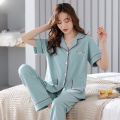 Pajamas Women's Spring Summer Short Sleeve Trousers Pure Cotton Pajamas Women's Summer Korean Style Outerwear Homewear Lapel Suit. 