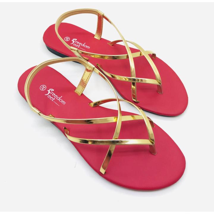 Freedom Feet High-quality Flat Ladies Red Gold Cross Sandals