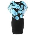 【WEJA】qie® Plus Size Elegant Office Lady Rose Flower Print Cape Bodycon Knee Length Dress. 