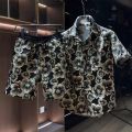 Ethnic Style Embossed Gilding Flower Short-Sleeved Shirt Shorts Two-Piece Men's Summer Ruan Shuai Loose Black Gold Shirt Suit. 