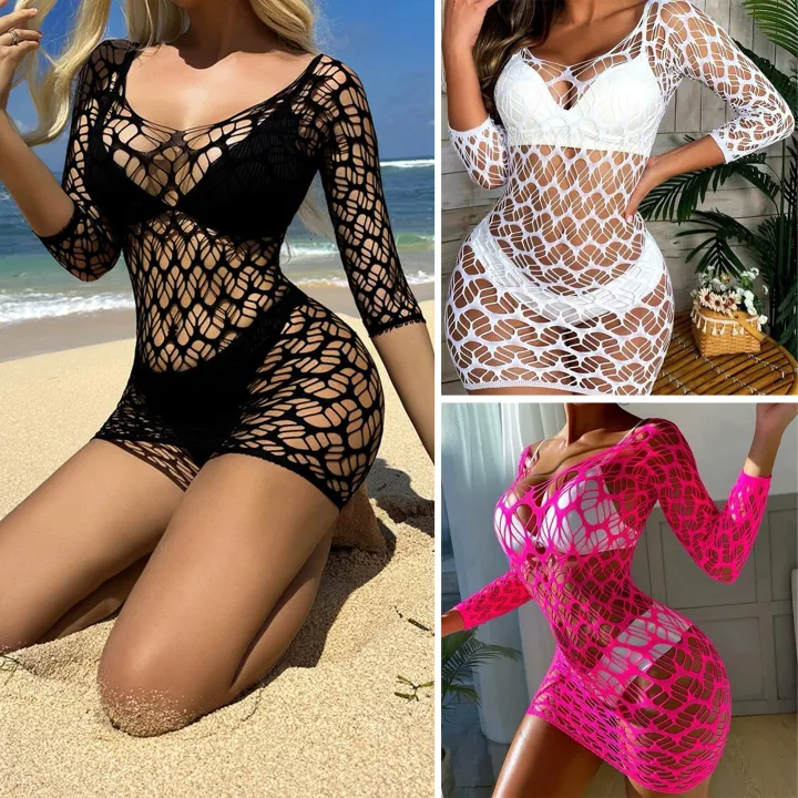 Muses Mall Lady Summer Beach Dress Hollow Out Beach Cover-up Dress Slim Fit V Neck Backless See-through Bikini Mini Dress Women Swim Cover-up