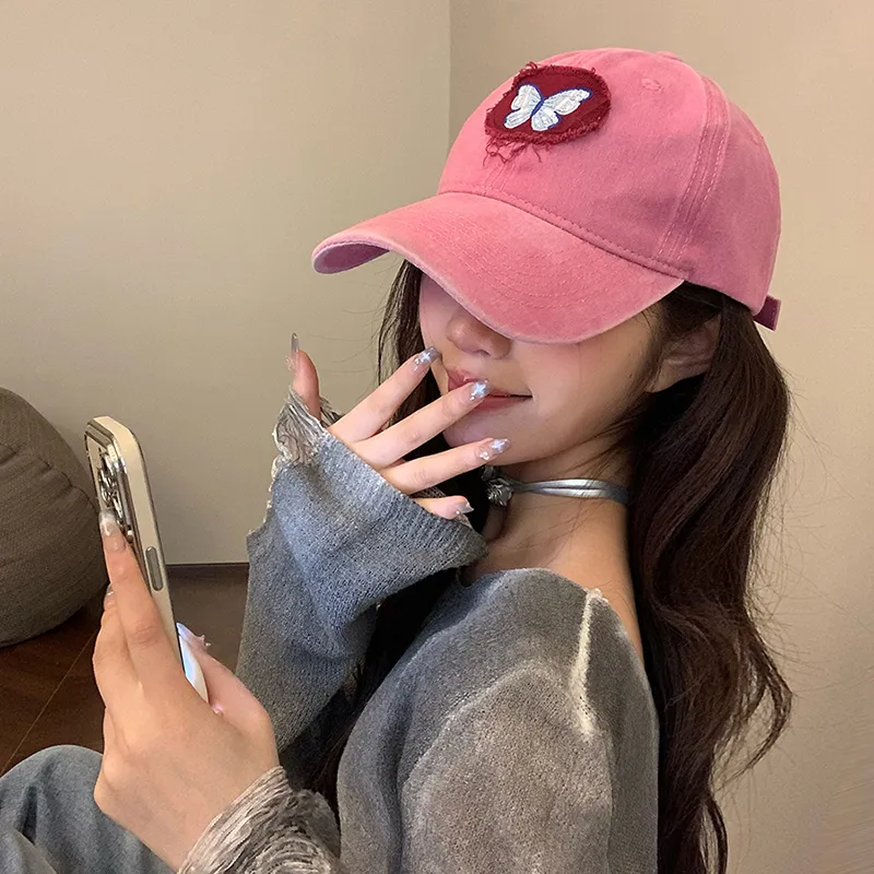Retro Washed Cotton Baseball Cap Women Butterfly Adjustable Sun
