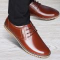 Men's Casual Inner Height Increasing Leather Shoes Men's Genuine Leather Made Korean Fashion Brown Pure Cowhide Summer Youth Men's Shoes. 
